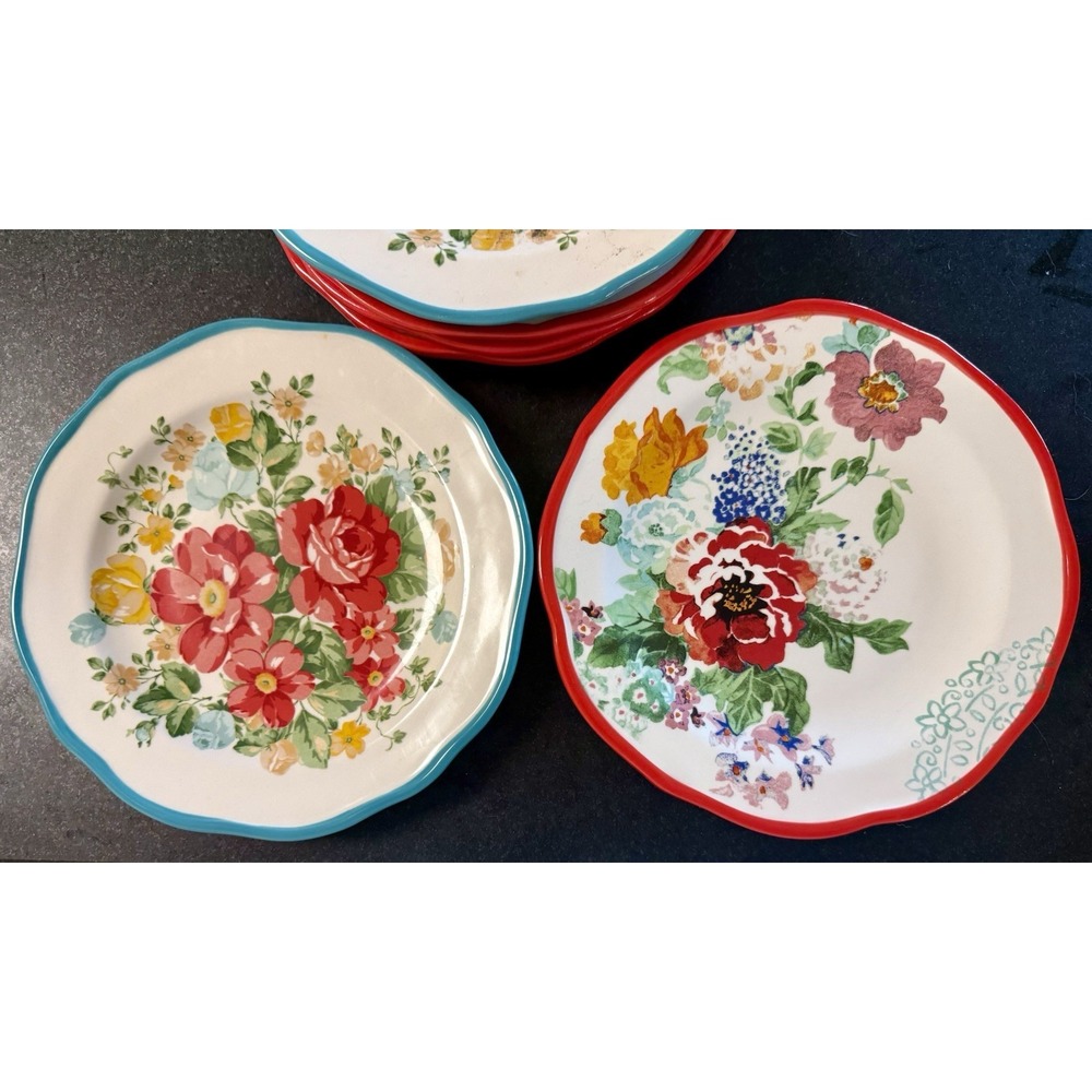 The Pioneer Woman Floral Salad Plates 8.5" Teal Trim Stoneware Set of6 Appetizer